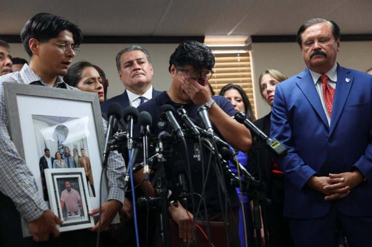 A family member reacts during a news conference after an ICE agent fatally shot a Mexican motorist identified as Lorenzo Salgado Araujo, in Houston, Texas, U.S., July 8, 2026. REUTERS/Antranik Tavitian