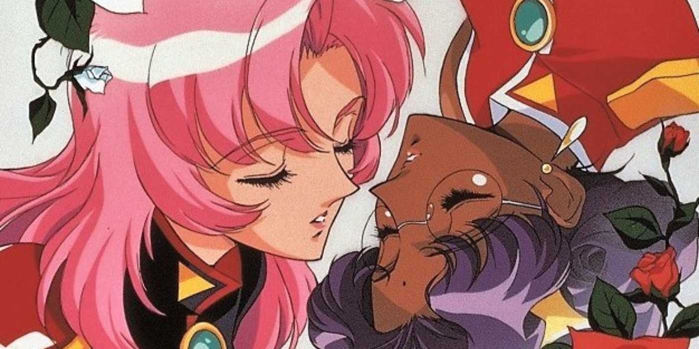 Revolutionary Girl Utena promotional art from the anime depicting Utena and Anthy mirroring one another as they go in for a kiss.