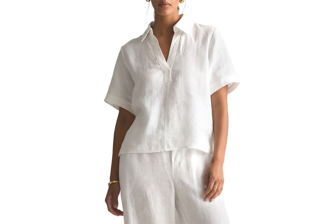 European Linen Short Sleeve Popover Top White