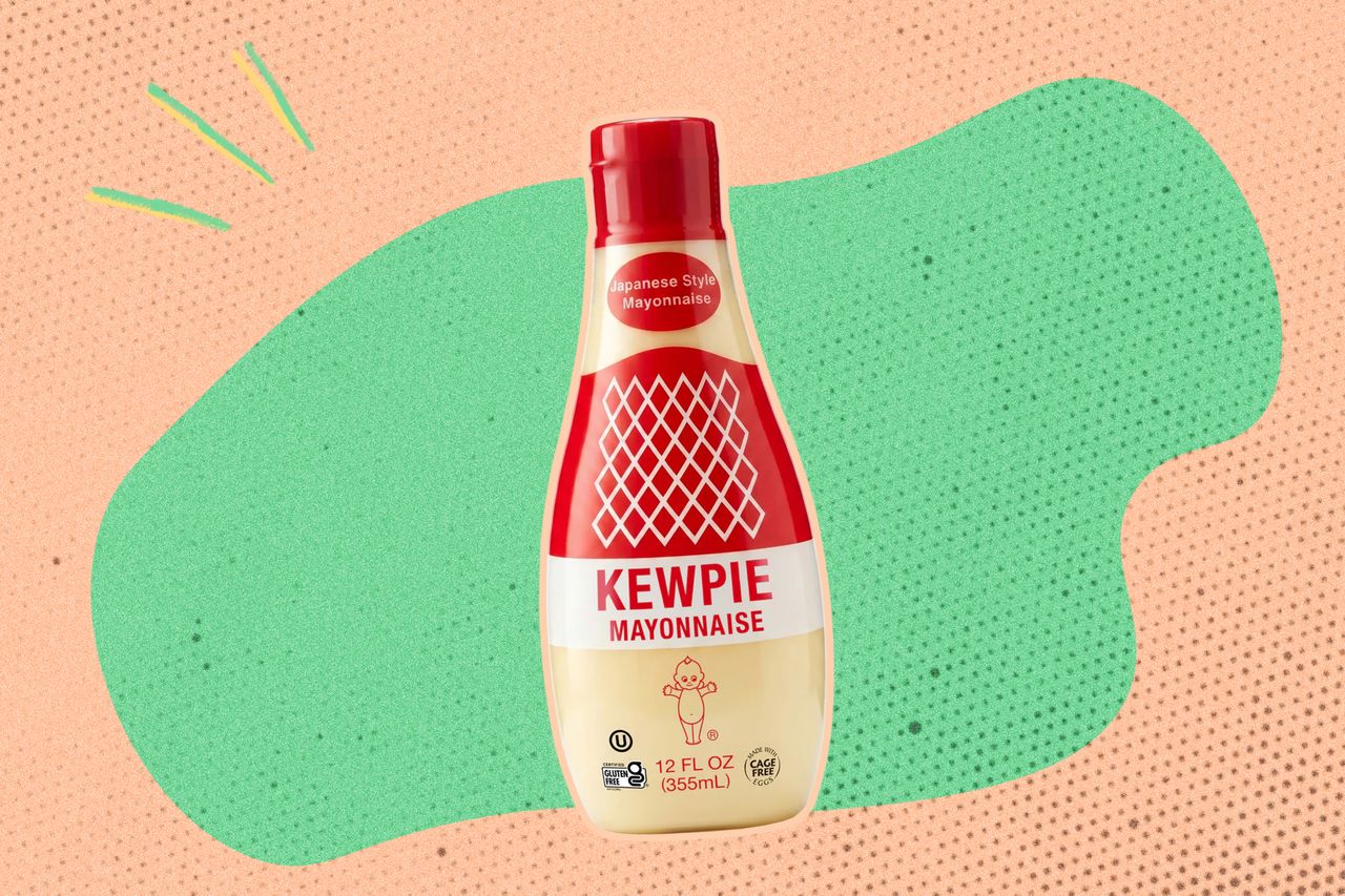 A bottle of Kewpie mayonnaise against a colorful background