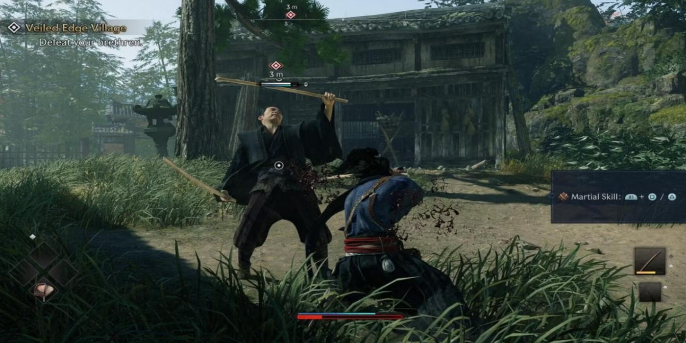 The player sneaking up on an enemy in Rise of the Ronin.