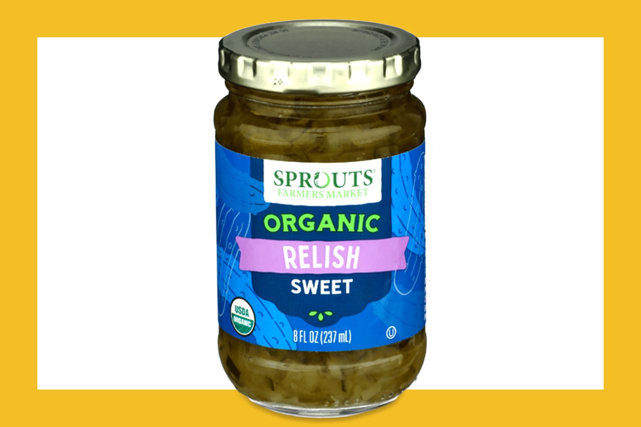 A jar labeled Sprouts Organic Sweet Relish