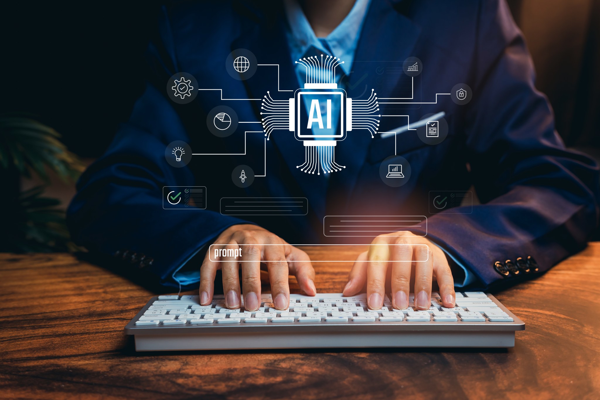 Business Professional Using Keyboard with AI Interface Visuals and Digital Connections for Technology and Innovation Concept
