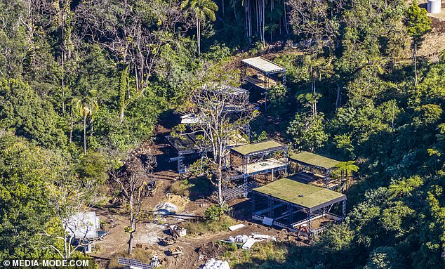 The aerial photographs show multiple steel-framed pavilions emerging across the Hollywood star's secluded 128-hectare Tweed Valley property, with modular structures connected by elevated walkways and topped with distinctive living green roofs