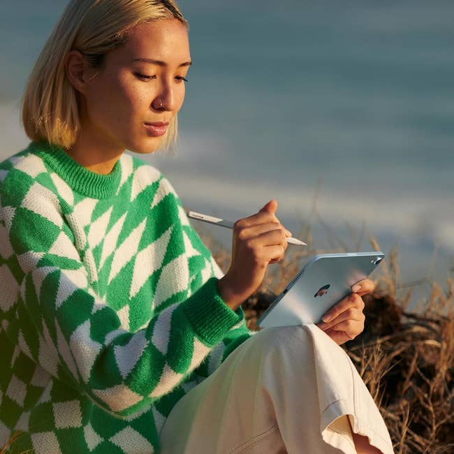 Person using an Apple iPad mini with a stylus, wearing a patterned sweater, sitting near a beach