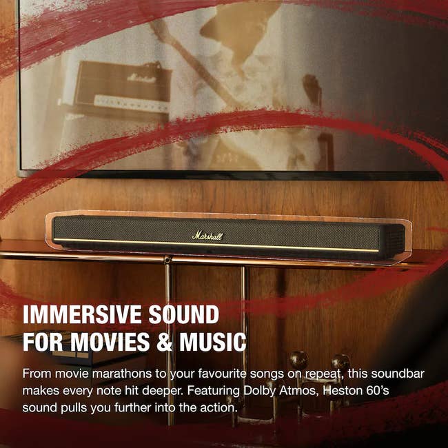 Soundbar on a wooden shelf with text: