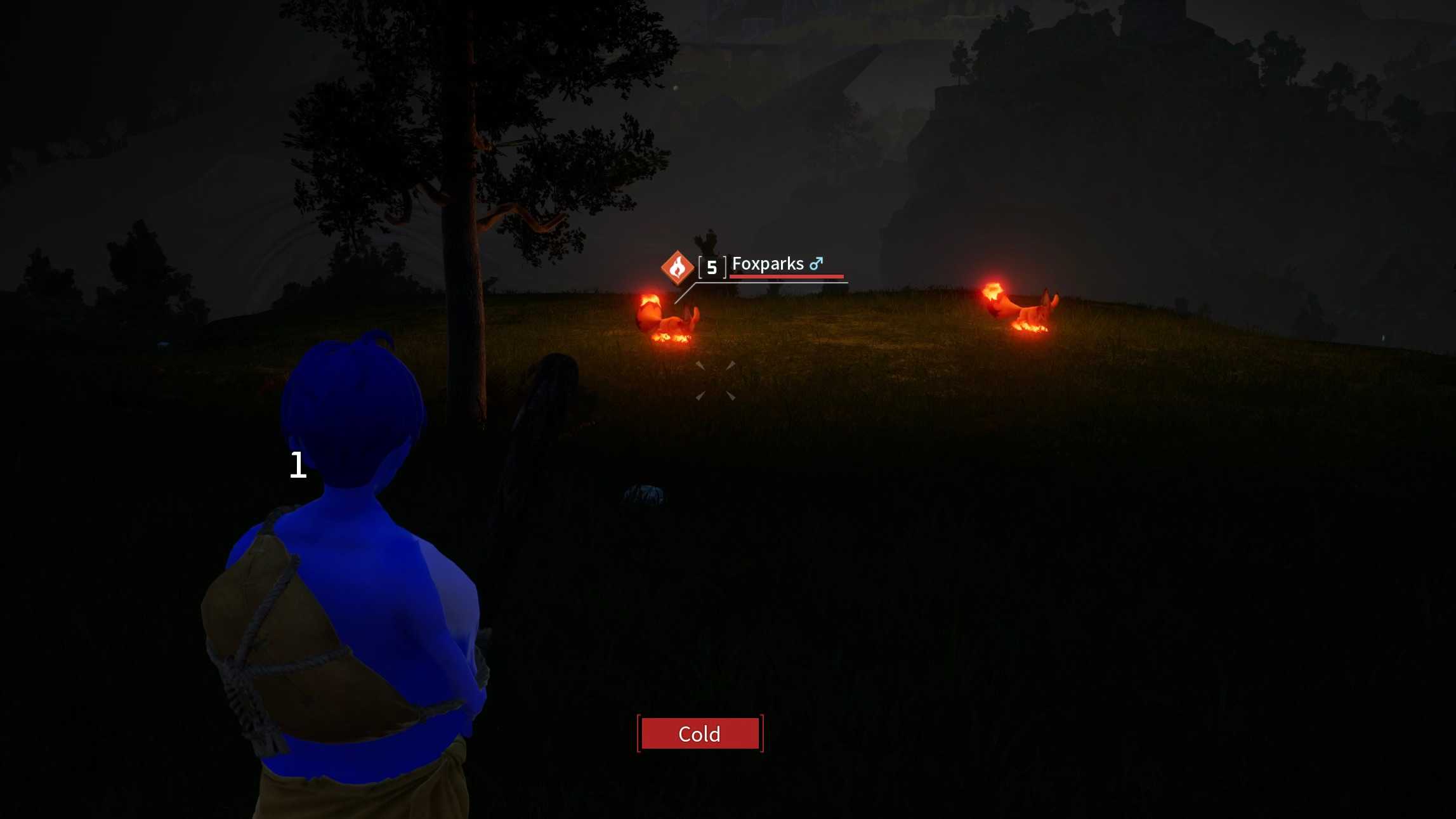 A Palworld hero stands near a Foxparks at night with the kindling ability.
