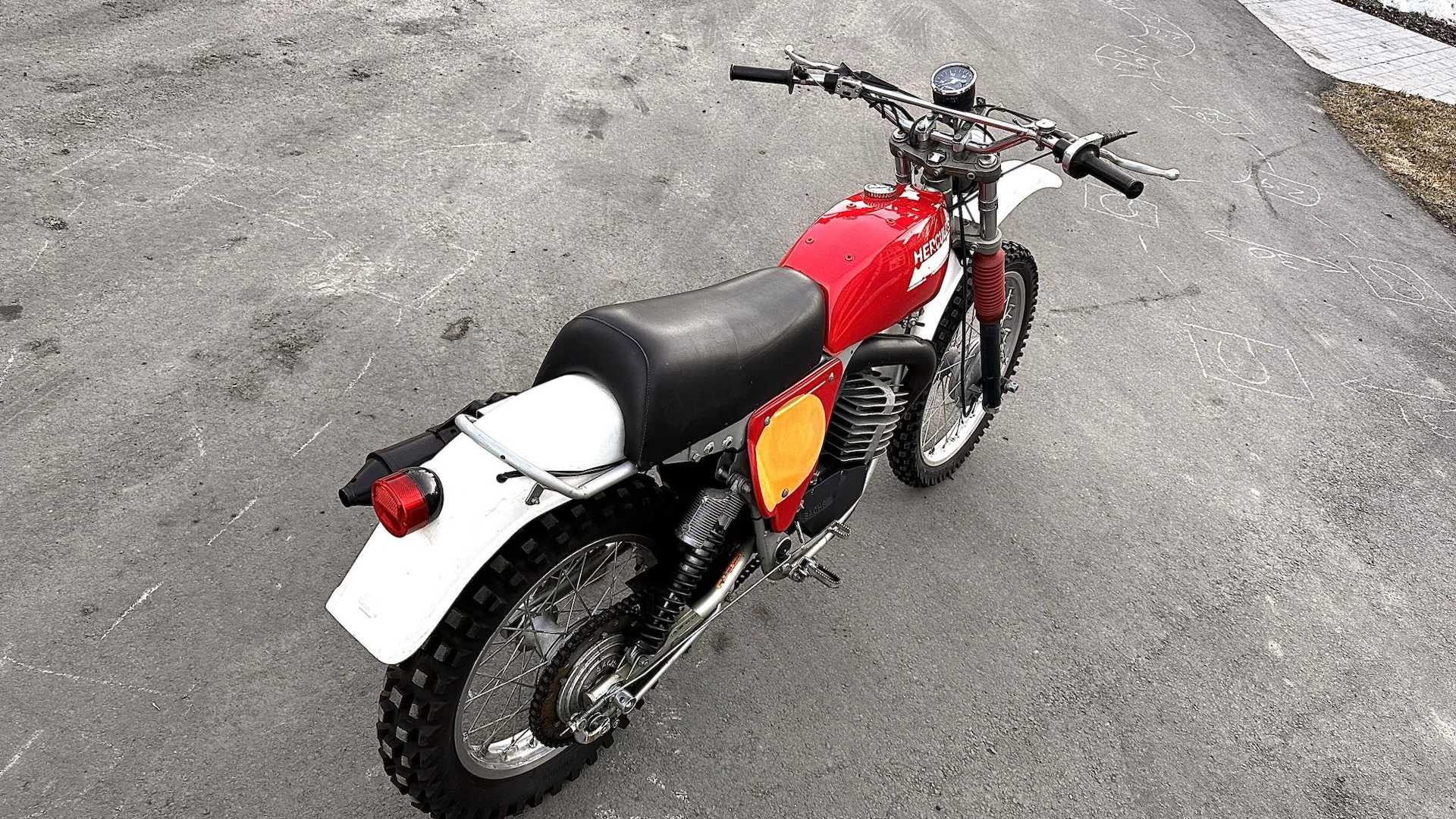 Overhead view of a rotary powered vintage motorcycle