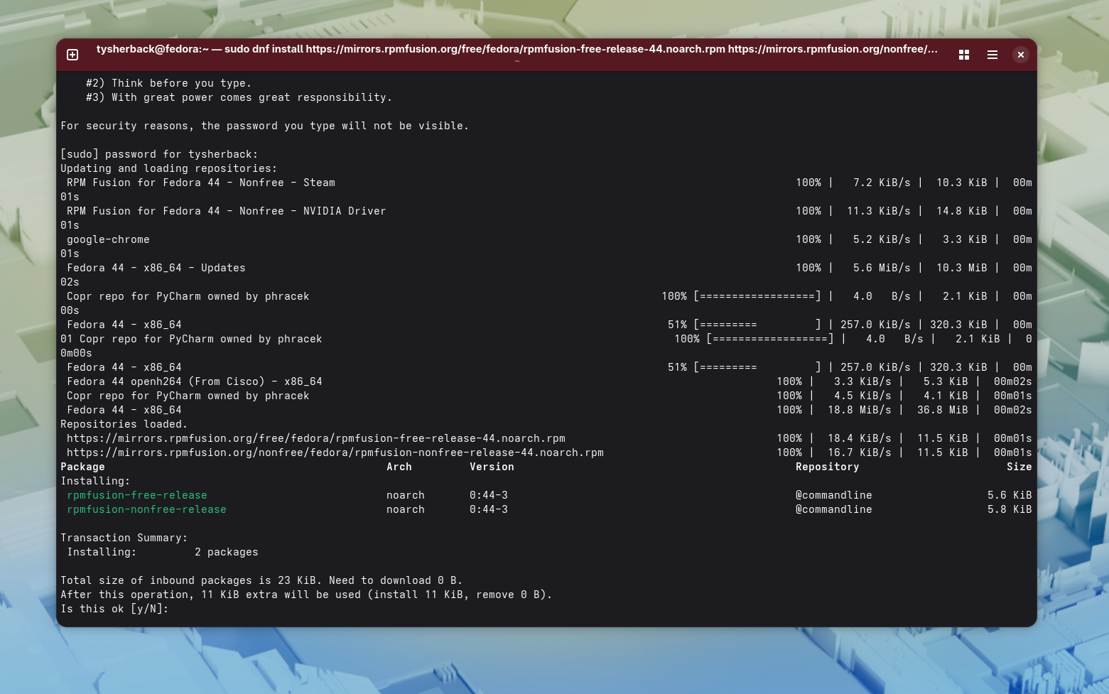 A terminal showing updating RPM repos