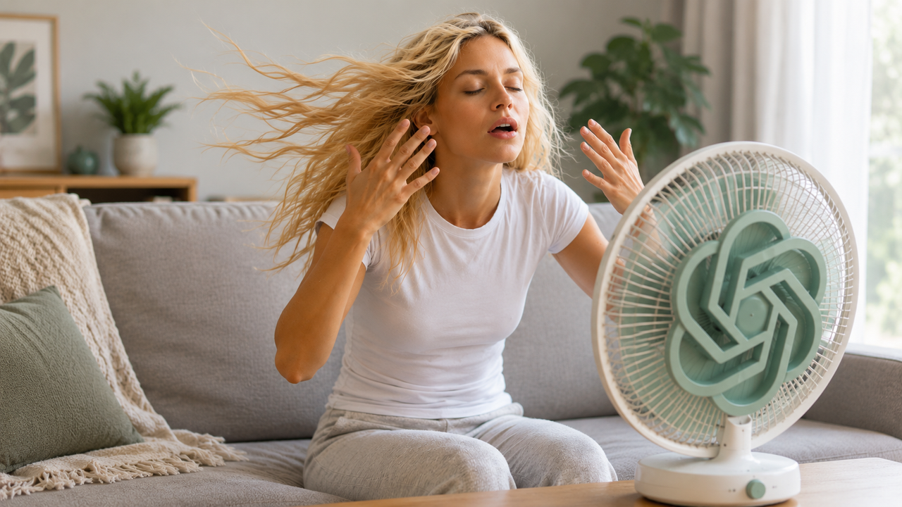 Image of blonde woman with fan