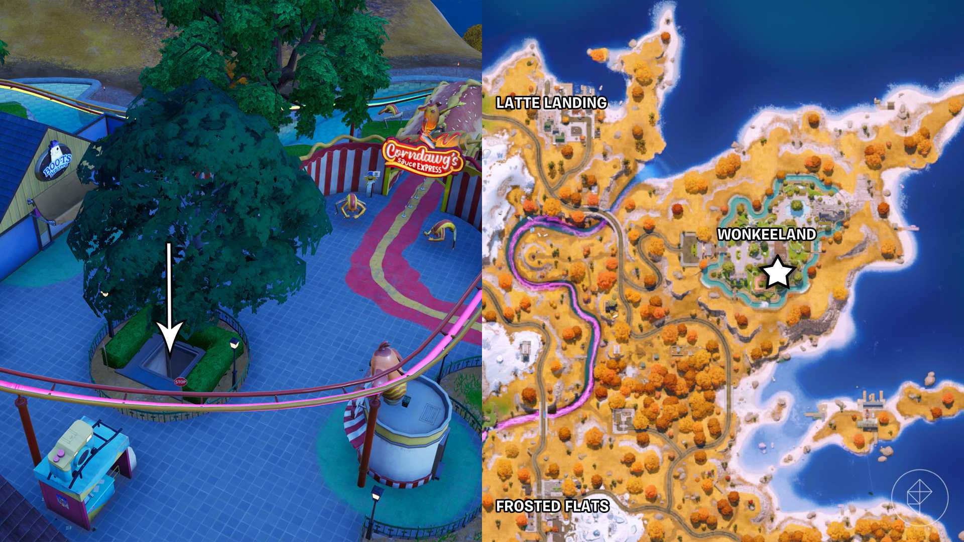 A hole in the ground at an amusement park in Fortnite leading to the Bat Cave.