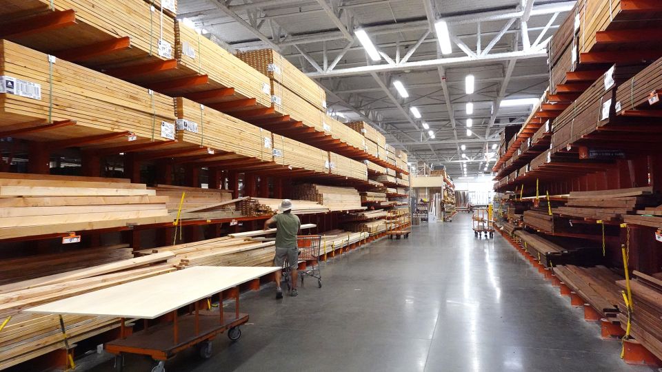 The lumber section of a Home Depot on September 8, 2025, in Pasadena, California. Tariffs on building materials such as lumber have driven up the cost of home renovations. - Mario Tama/Getty Images