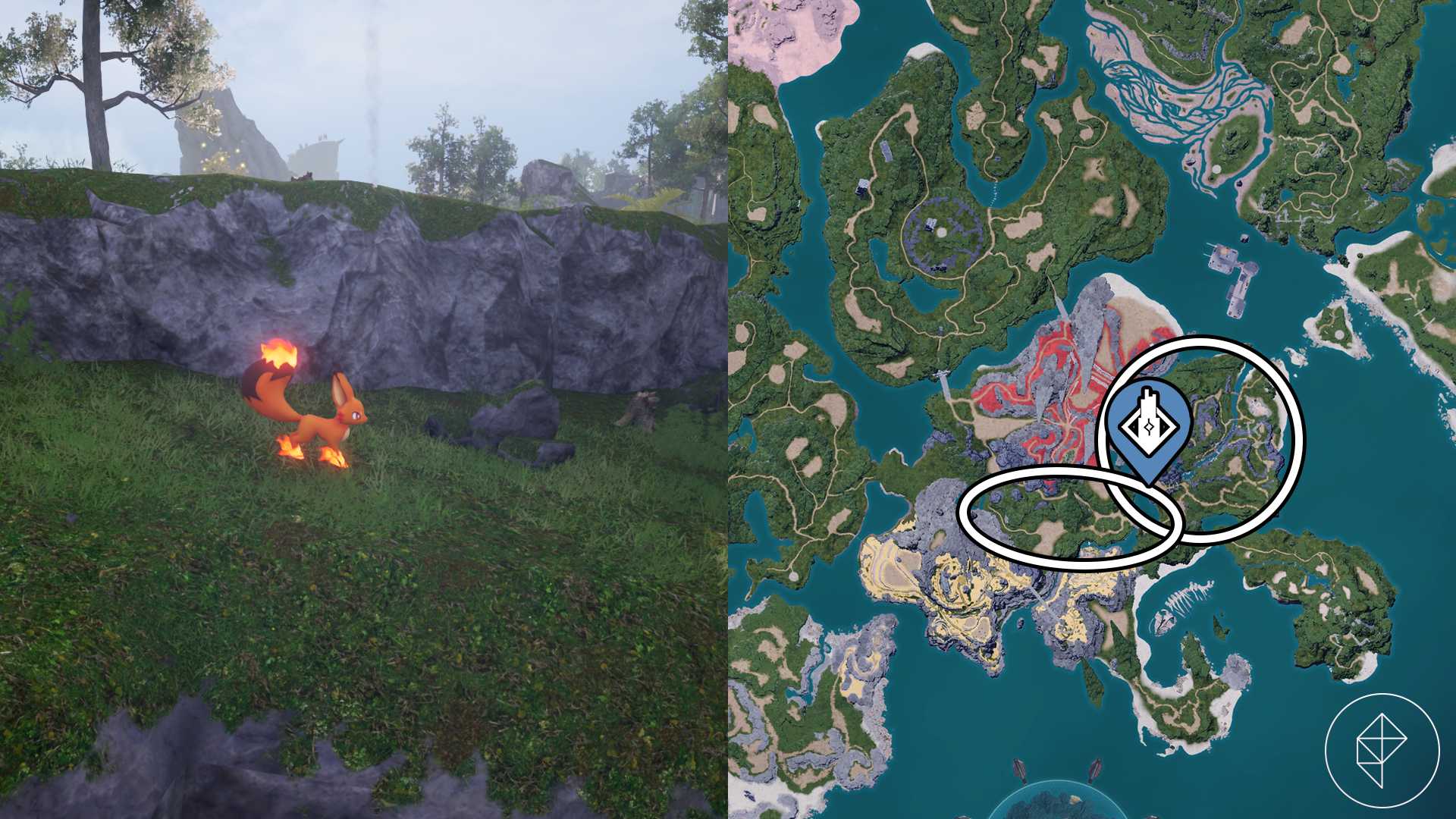 A map showing where to find Foxparks in the early area in Palworld.