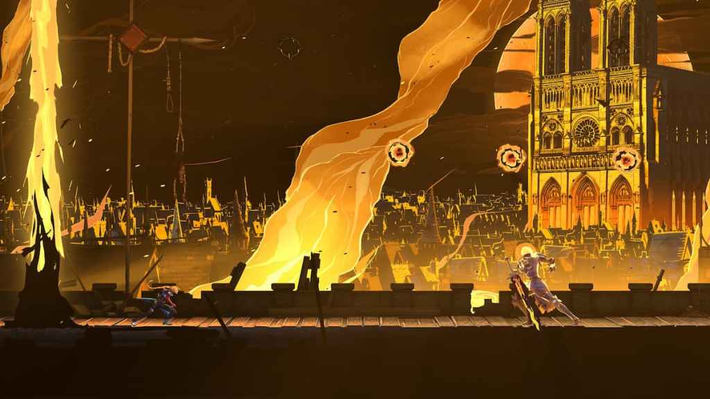 Rose Belmont fighting Joan of Arc with Notre Dame, Paris, in the background in Castlevania Belmont's Curse.
