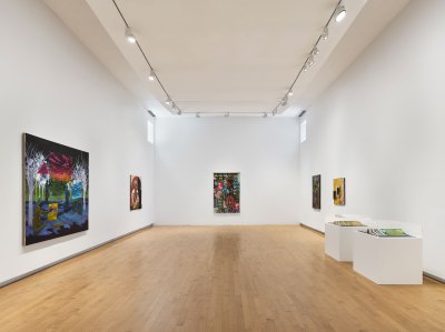 View of a museum exhibition showing various works on three walls and two vitrines.