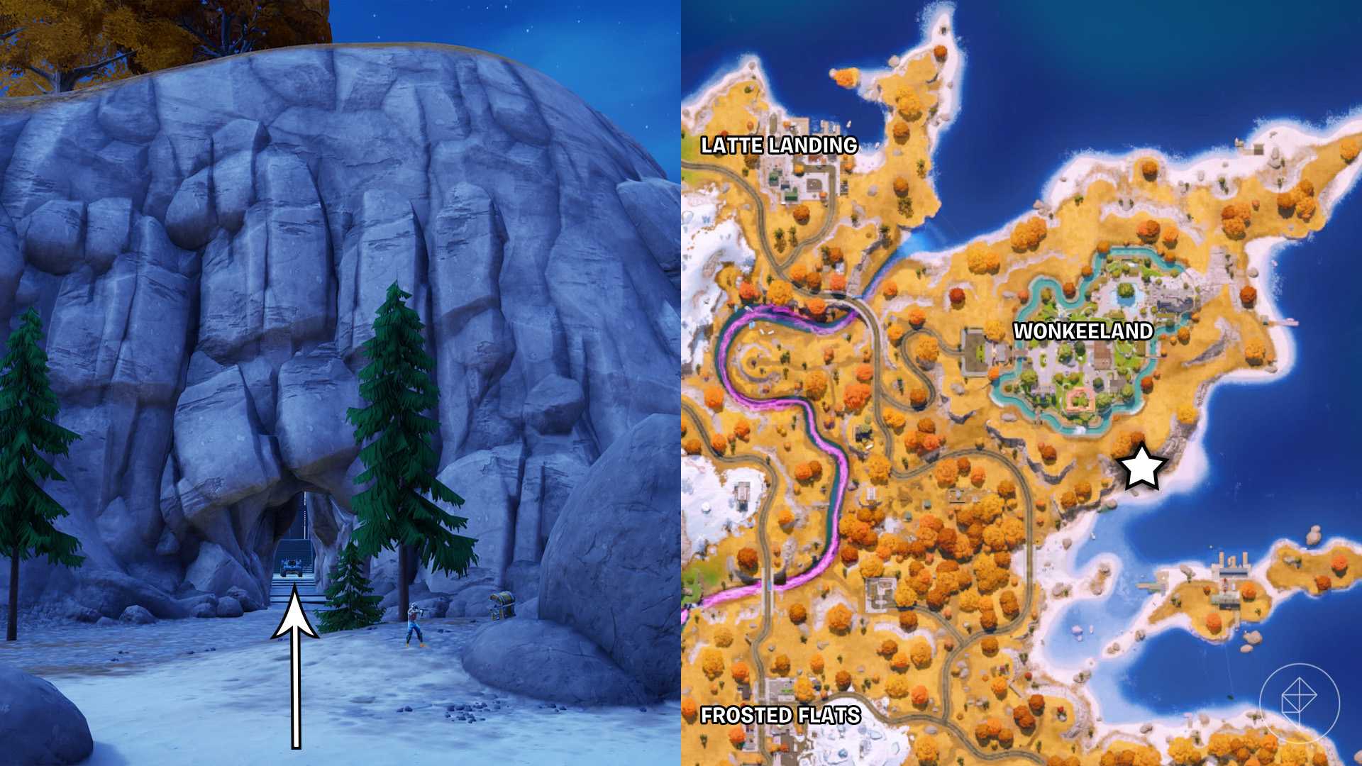 A cave opening that leads to the Bat Cave in Fortnite Chapter 7 Season 3.