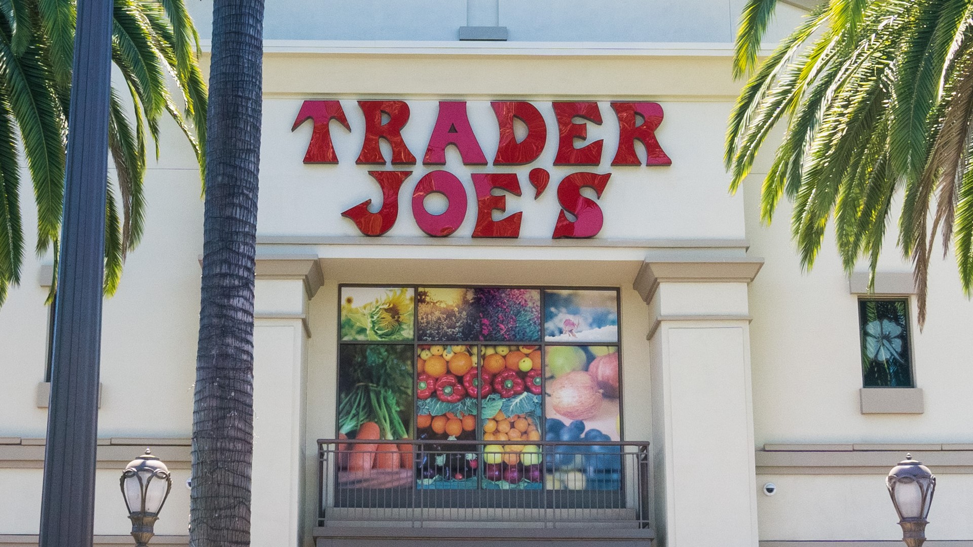 Discover an entrance to a Trader Joe's store in Sunnyvale, California, fronted by palm trees and street lights