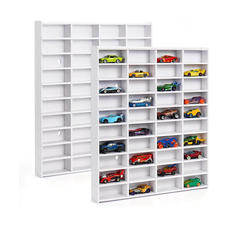 Krafetto 2 Pack Toy Car Display Shelf, Holds 80 Diecast 1/64 Toy Cars, Wall Mount Model Car Storage Organize Case, White