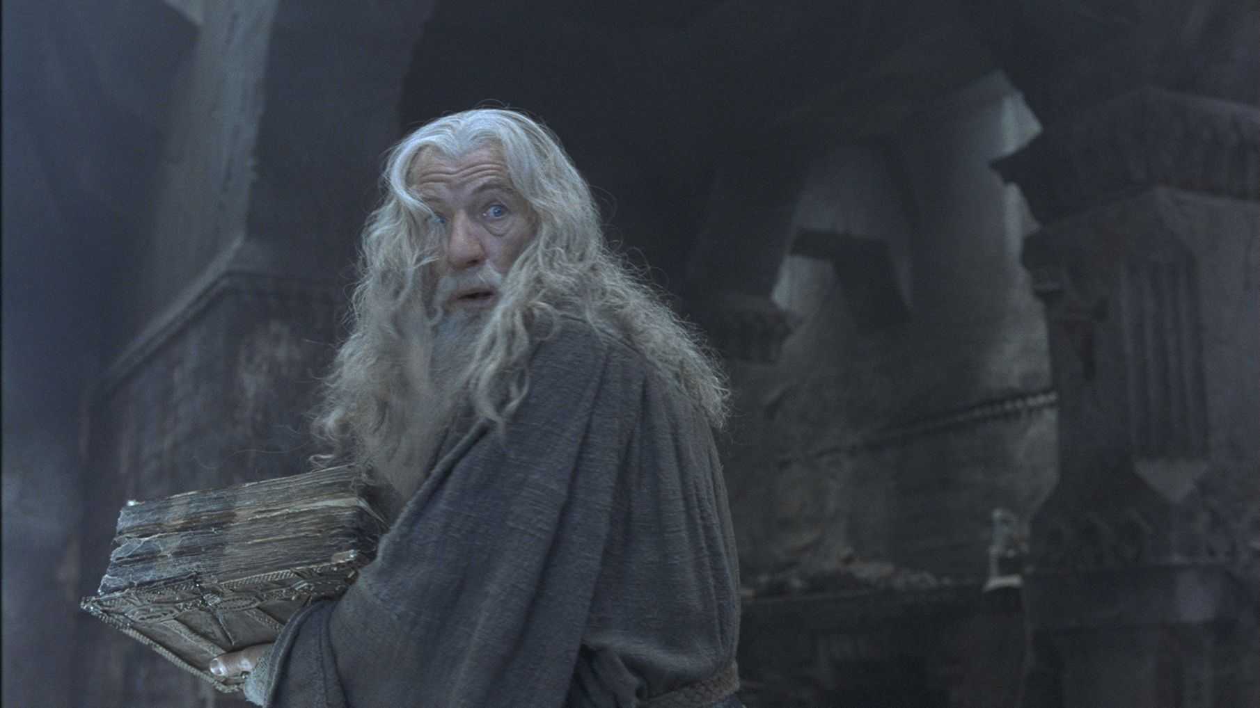 Gandalf (Ian McKellen) looking over his shoulder in Moria in The Lord of the Rings: The Fellowship of the Ring.