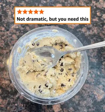 Bowl of cookie dough with chocolate chips, a spoon, and a 5-star review above saying,