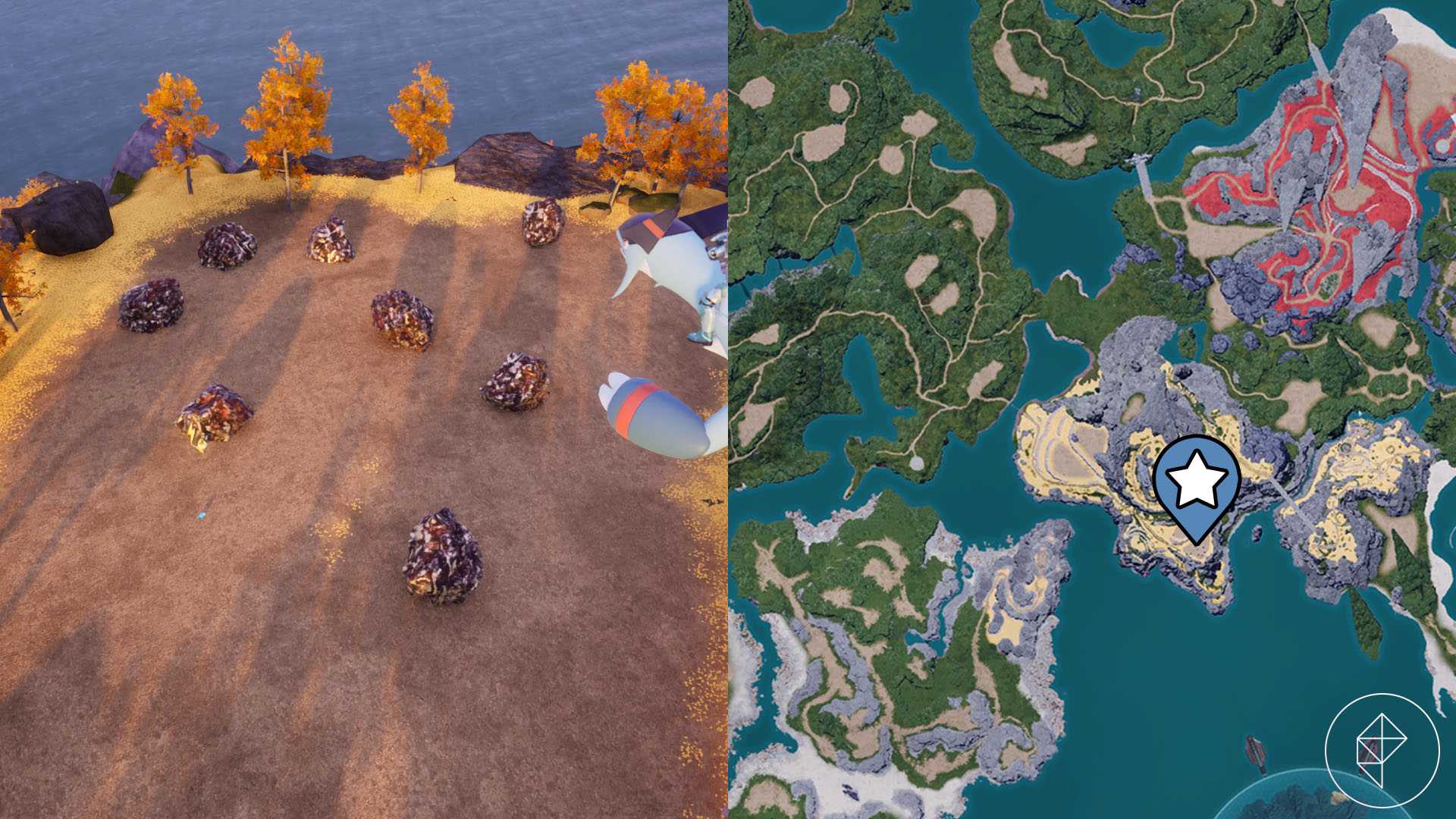 A montage of two Palworld screenshot showing the locationsome ore nodes