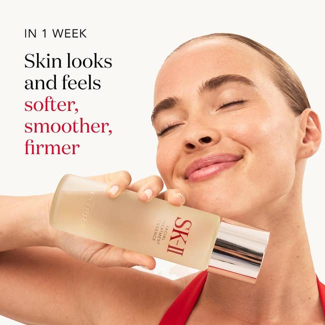 Woman smiling and holding a skincare product bottle; text highlights skin improvement in one week: softer, smoother, firmer