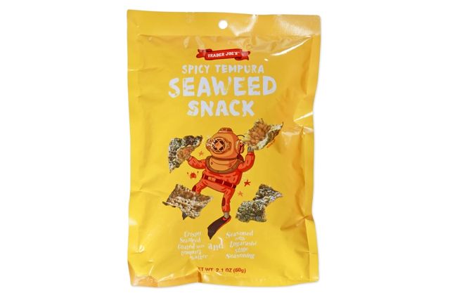 A package of Trader Joes Spicy Tempura Seaweed Snack