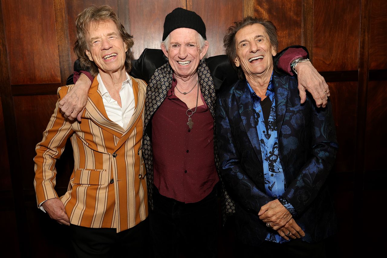 Mick Jagger Ronnie Wood and Keith Richards posing together