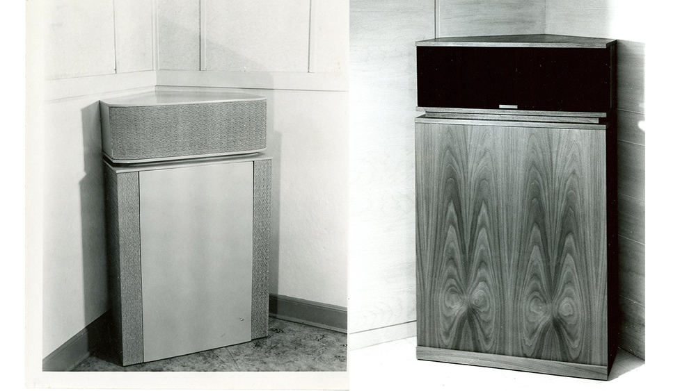 Old photos of the Klipschorn speakers positioned in the corner of a room