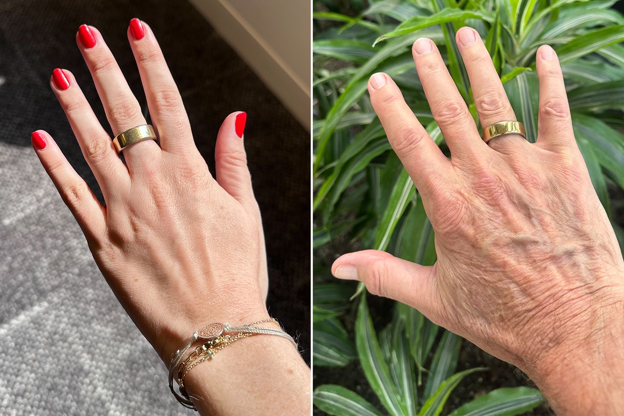 Two hands are shown wearing Oura rings with one photo featuring a younger hand and the other an older hand against different backdrops