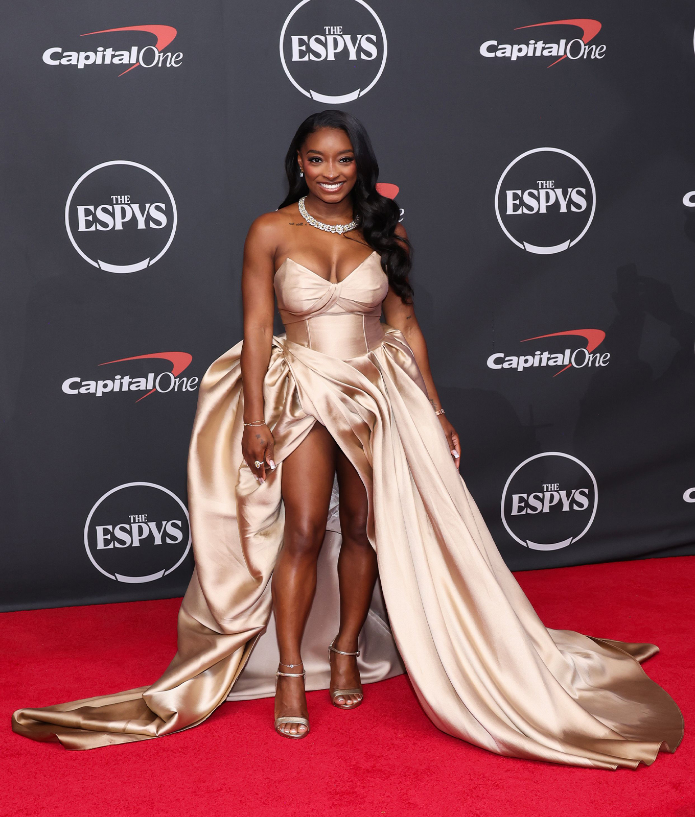 Simone Biles Attends the ESPYS Wearing 140 Carats of Diamonds (and a Daring Dress with a Thigh-High Slit)