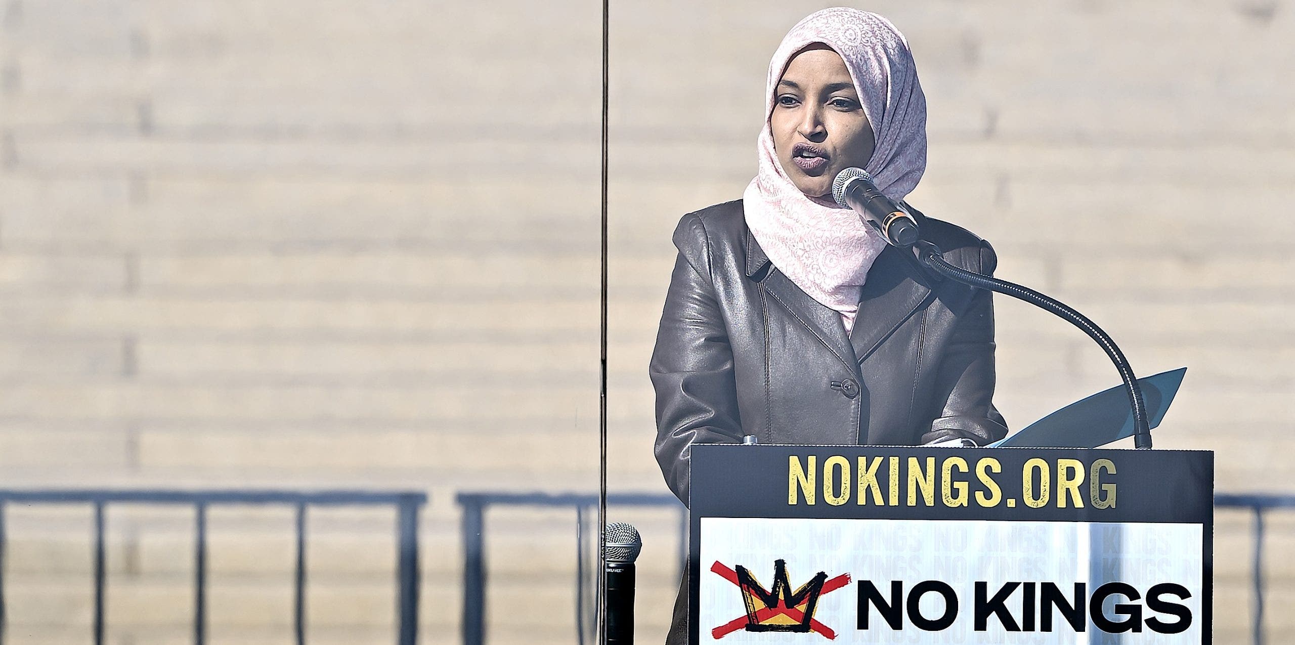 Rep. Ilhan Omar, D-Minn., speaks at a ‘No Kings’ rally.