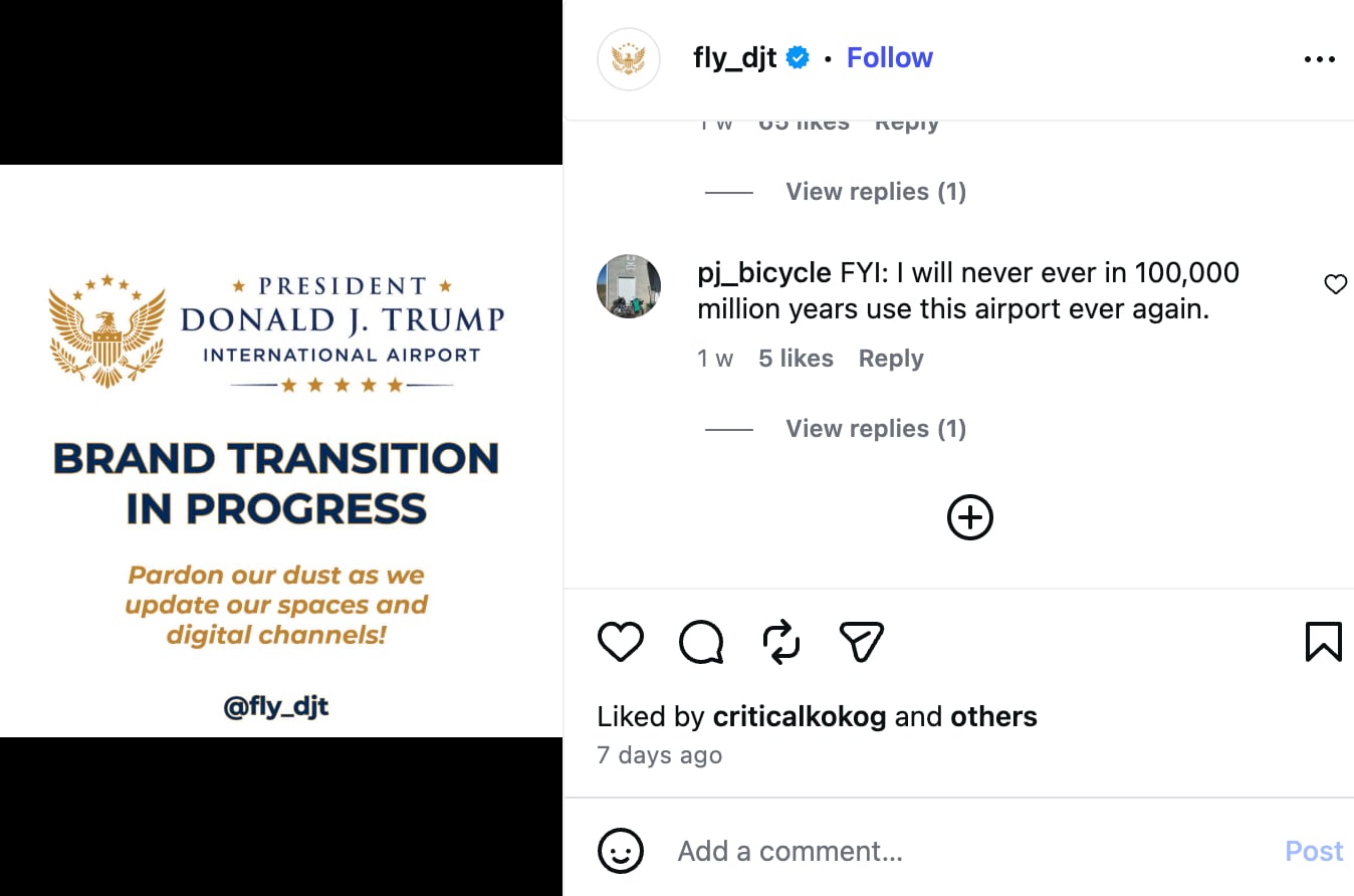 The airport’s social media pages have been flooded with waves of negative comments, / Instagram/ @fly_djt
