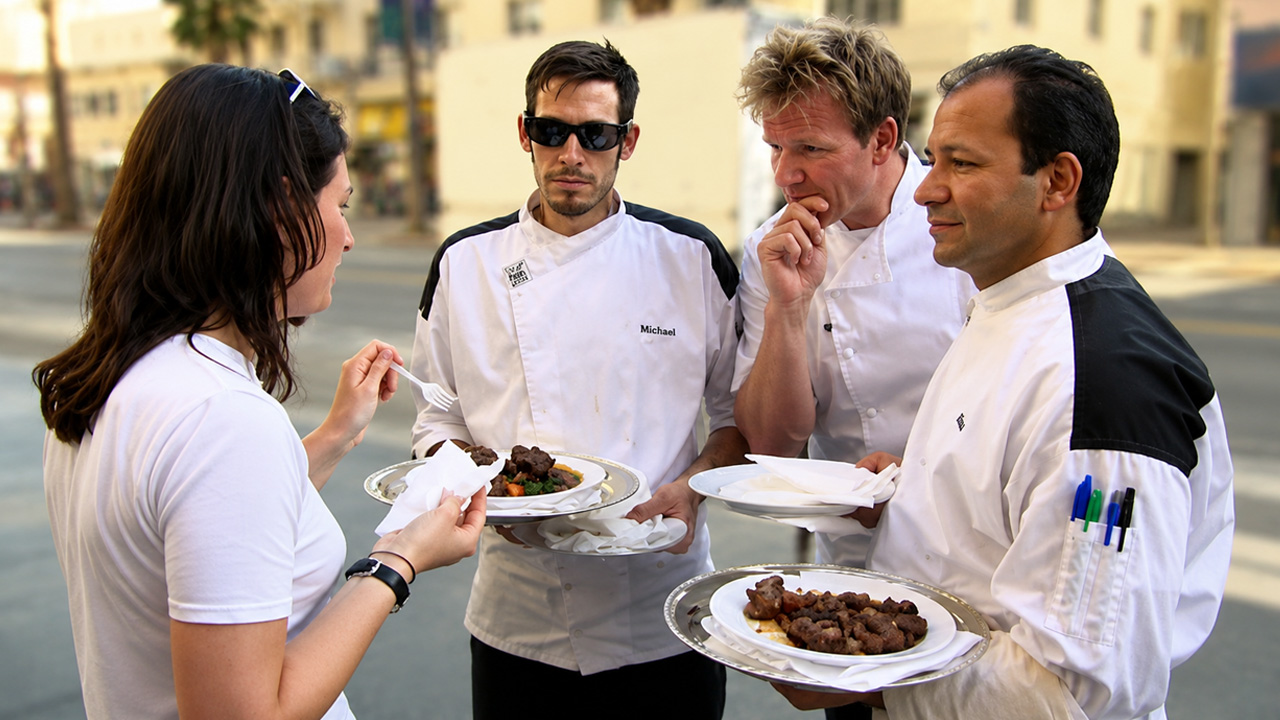 Michael beats Ralph in the street taste test before finale service