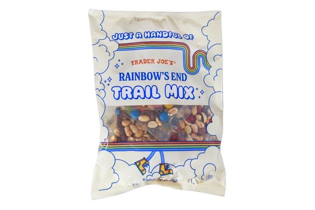 Trader Joes Rainbows End Trail Mix packaging with visible mix of nuts and colorful candies