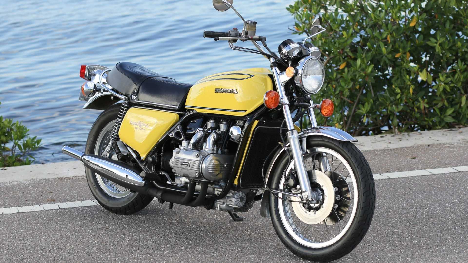 1976 Honda GL1000 Gold Wing in yellow front three-quarter view