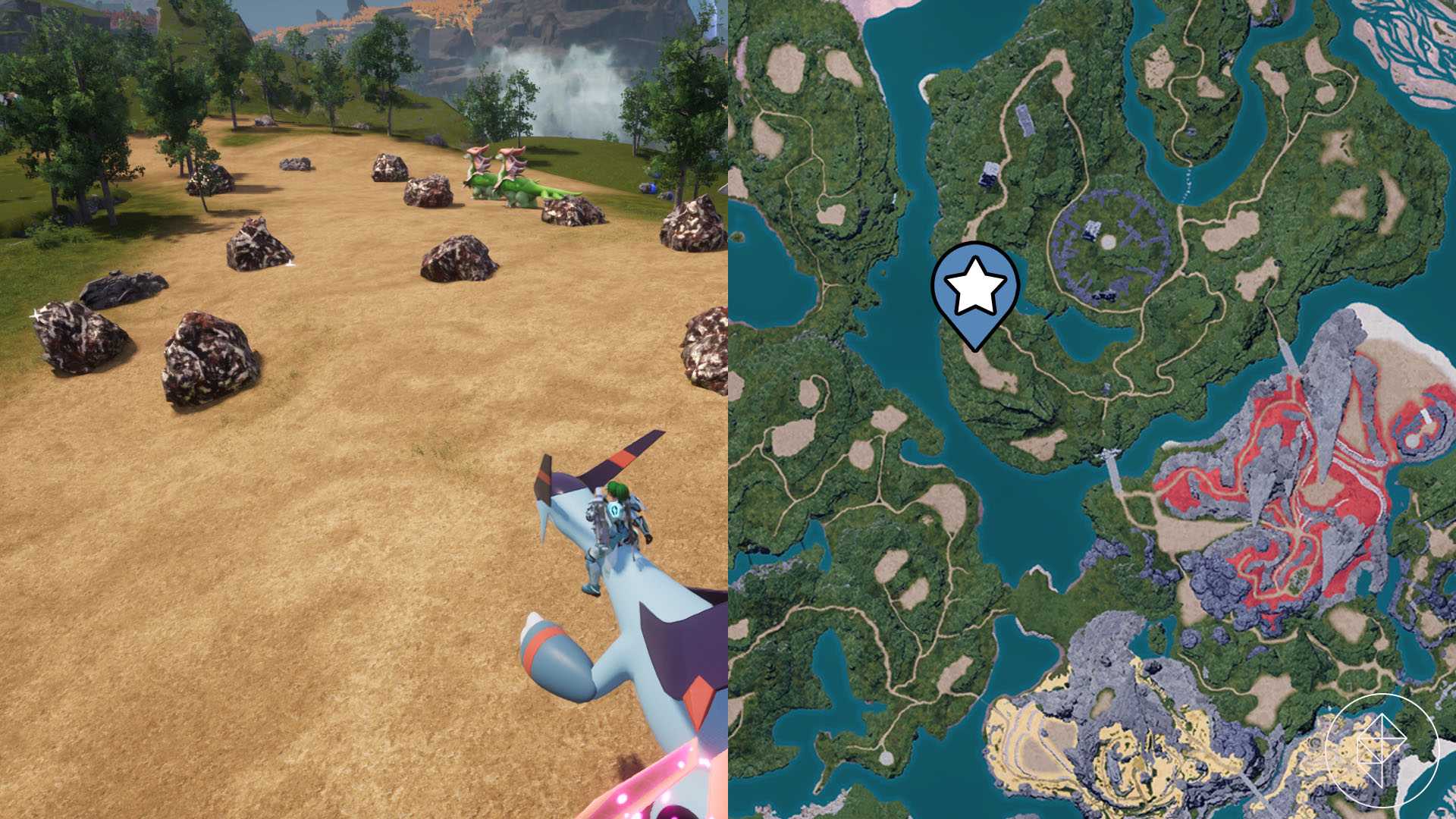 A montage of two Palworld screenshot showing a ore farming location