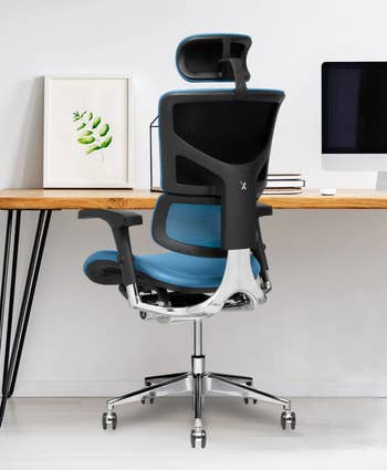 Ergonomic office chair with high back and headrest behind a desk with a plant picture and computer monitor
