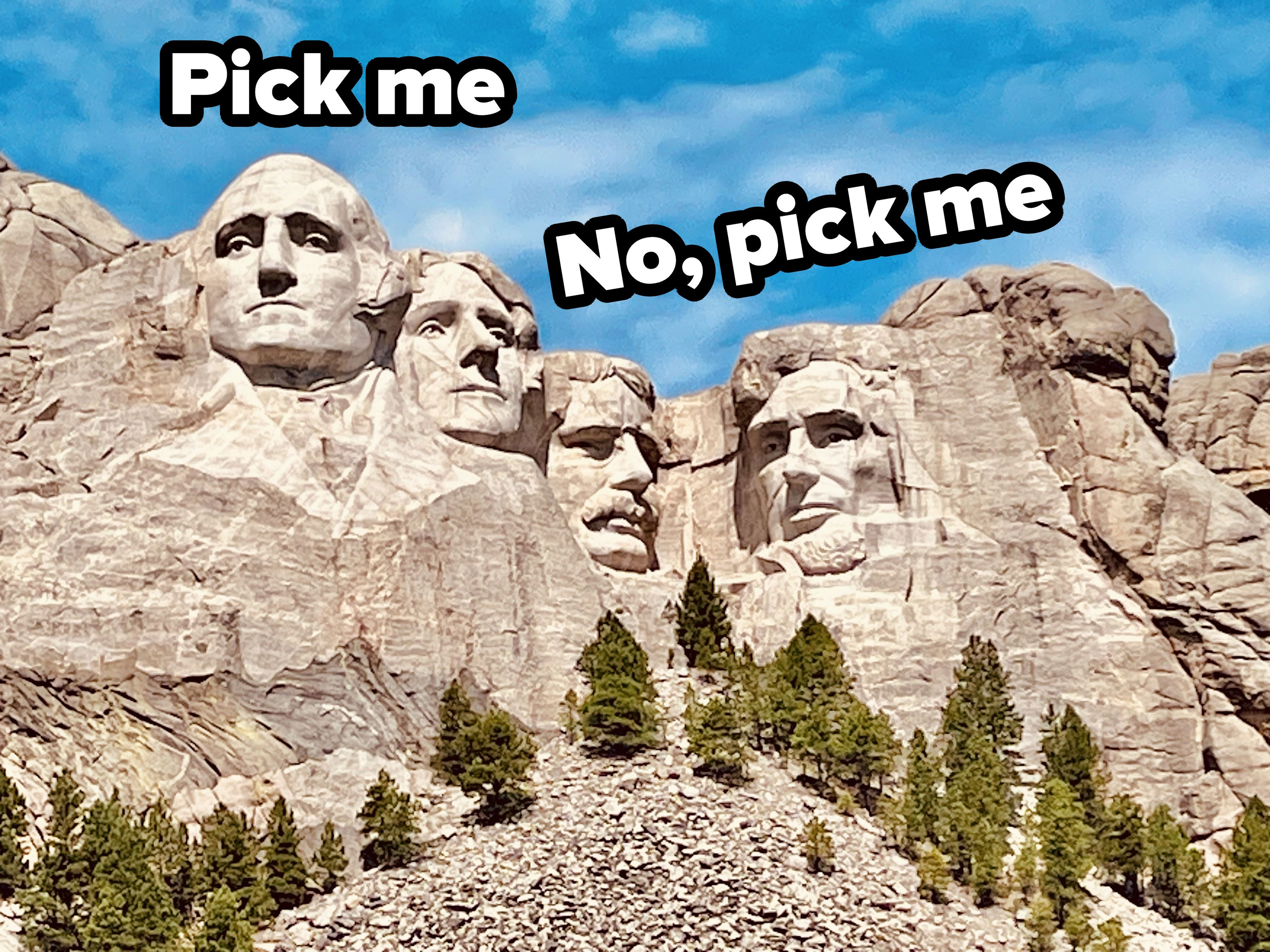 Mount Rushmore with the carved faces of four U.S. presidents surrounded by trees under a partly cloudy sky