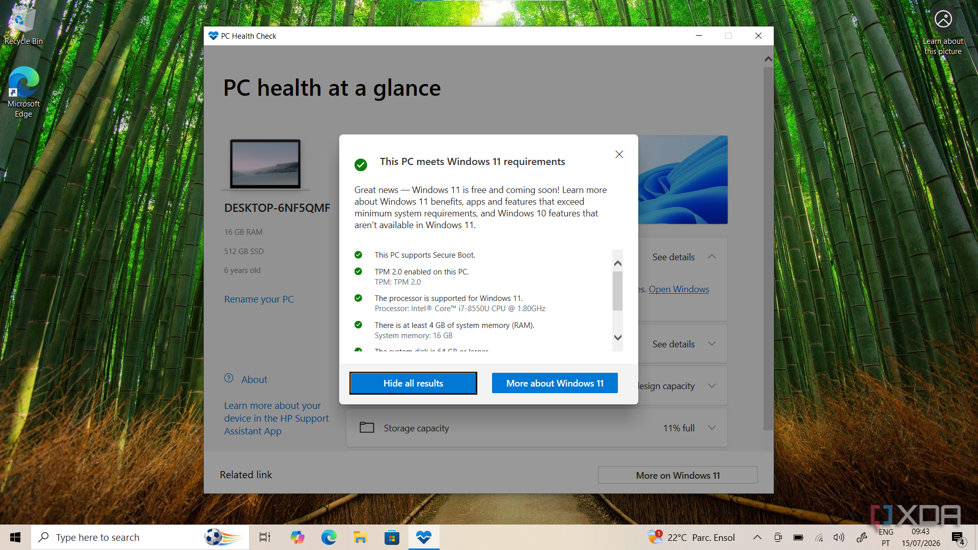 Screenshot of the PC Health Check app on Windows 10 showing that a PC meets the minimum requirements for Windows 11