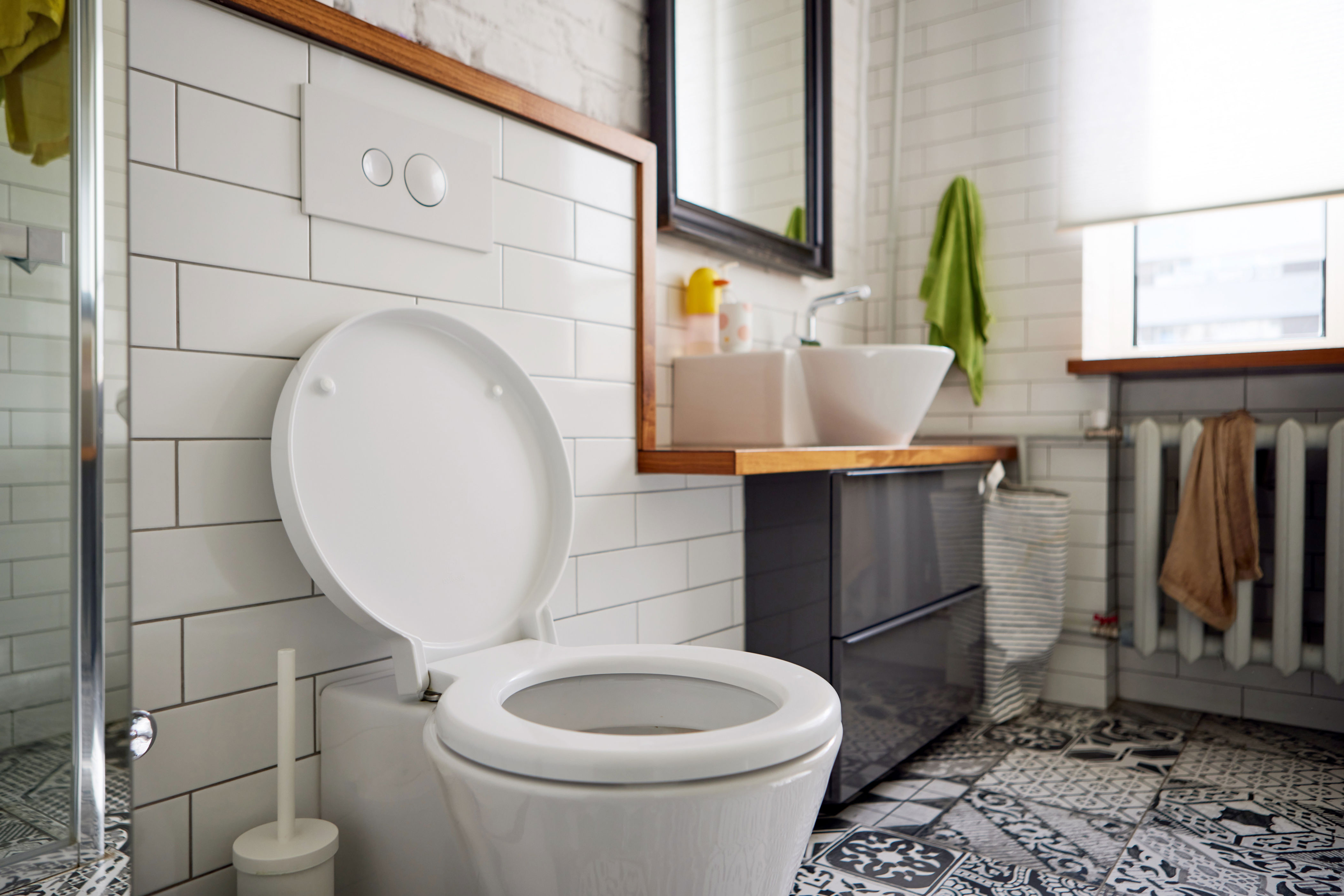 A clean bathroom with modern tiling