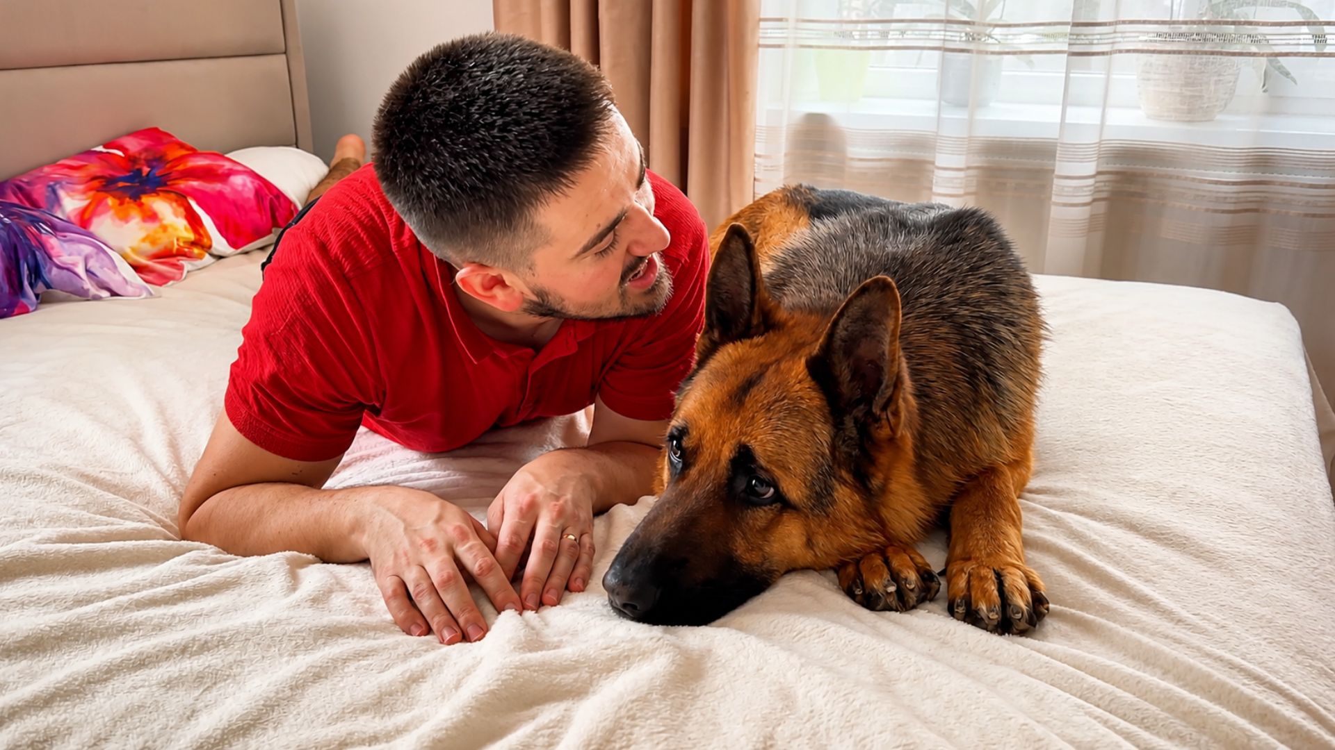 German shepherd reacts to a fake ear bite