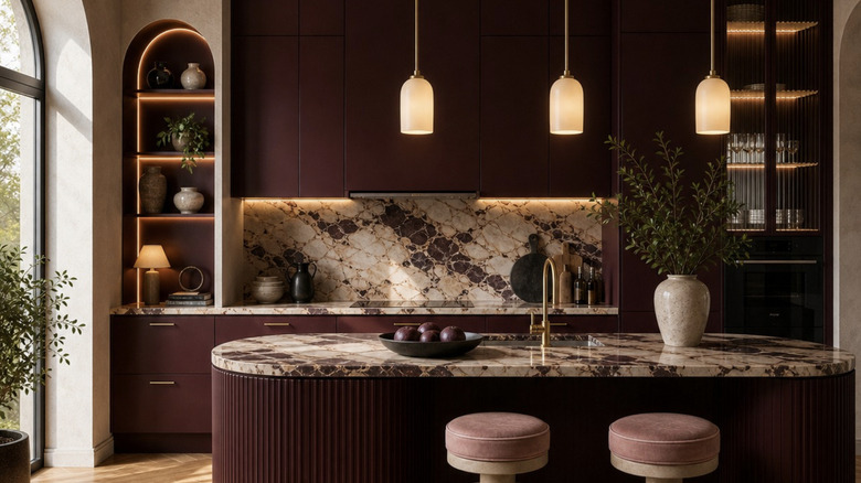 kitchen painted with burgundy accents