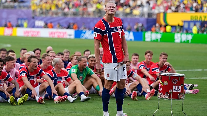Erling Haaland leads the team as they participate in a viking boat row - 5 July 2026
