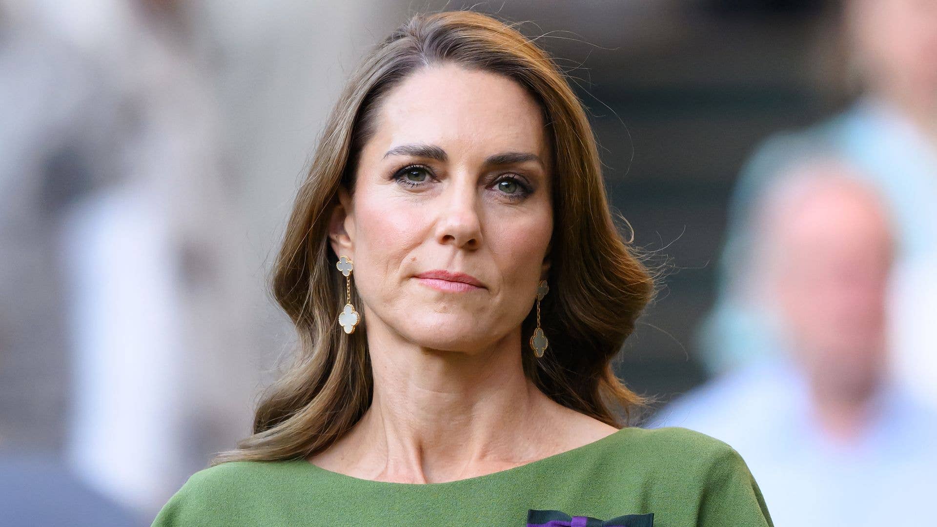 Catherine, Princess of Wales smiles ahead of the trophy presentation as she attends day fourteen of the 2026 Wimbledon Tennis Championships at All England Lawn Tennis and Croquet Club on July 12, 2026 in London, England. (Photo by Karwai Tang/WireImage)
