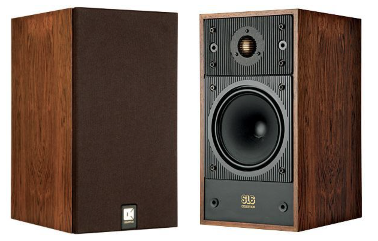 Celestion SL6 speakers in brown wood finish on white background