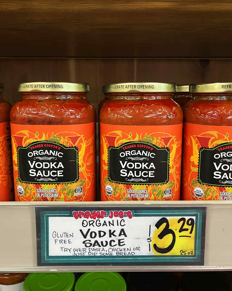 Organic Vodka Sauce on shelf at Trader Joe's store