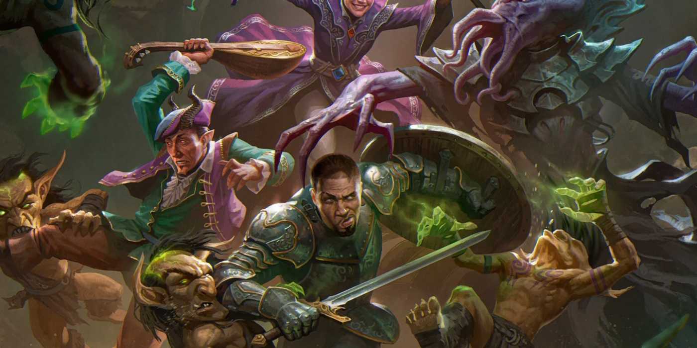 D&D art of an adventuring party fighting Goblins and a Mind Flayer.