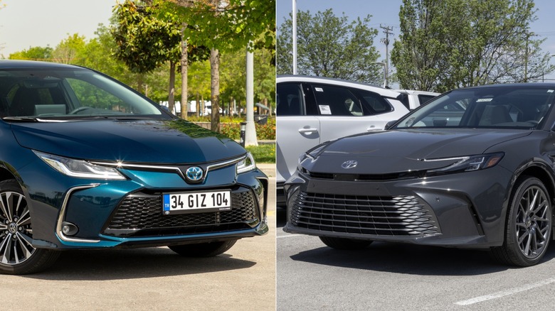 Side-by-side front views of a blue Toyota Corolla Hybrid and a gray Toyota Camry parked outdoors