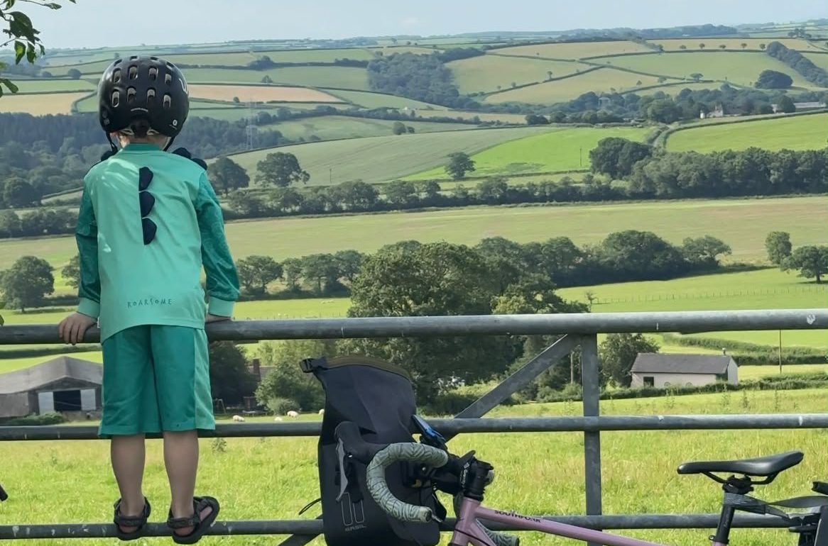 Ro's son standing on a gate in the countryside